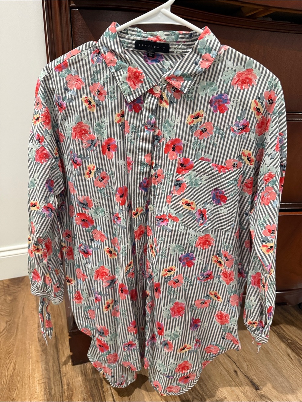 Sanctuary Coral Floral Striped Button-Down Shirt